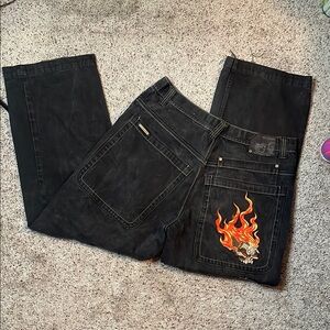 JNCO Jeans Black Denim Mens Fire Skull Embroidered Design Skater Vintage